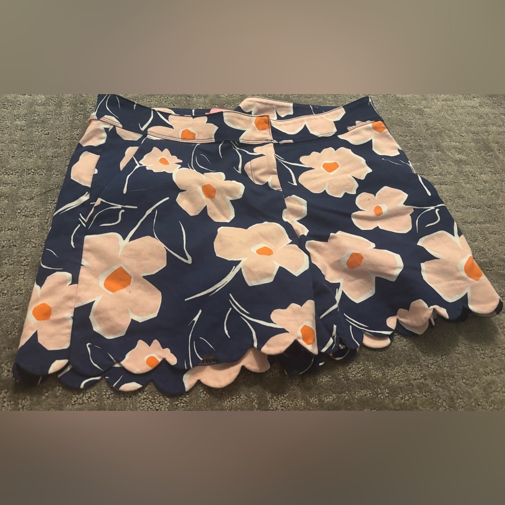 Women's Navy Floral Scallop Hem Skirt - Pink & Orange Flower Print ISAAC MIZRAJI